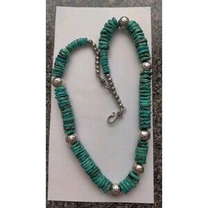 Vintage Native American Large Heishi Disk Turquoise 22" Necklace Silver Beads